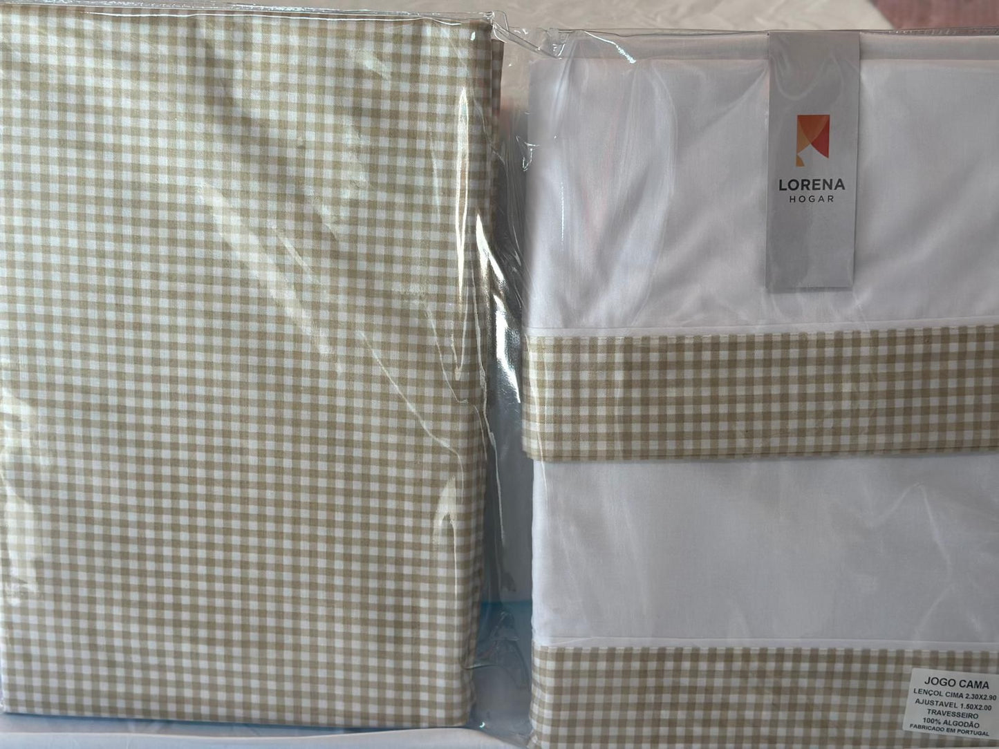 Juego de Sábanas Vichy  Cuadros Verde Agua / Gris / Beige  Lorena Hogar  De 90 a 150 cm