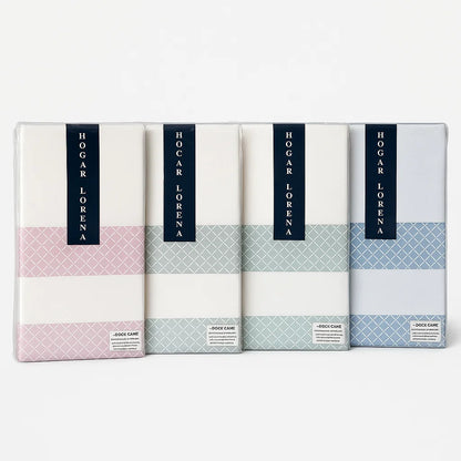 Juego de sábanas blanca con dibujo geométrico / Camas de 180 / Disponible en ROSA, AZUL, VERDE y GRIS
