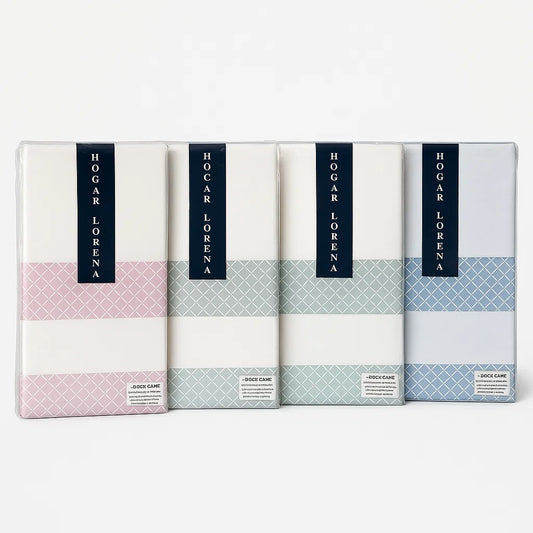 Juego de sábanas blanca con dibujo geométrico / Camas de 180 / Disponible en ROSA, AZUL, VERDE y GRIS