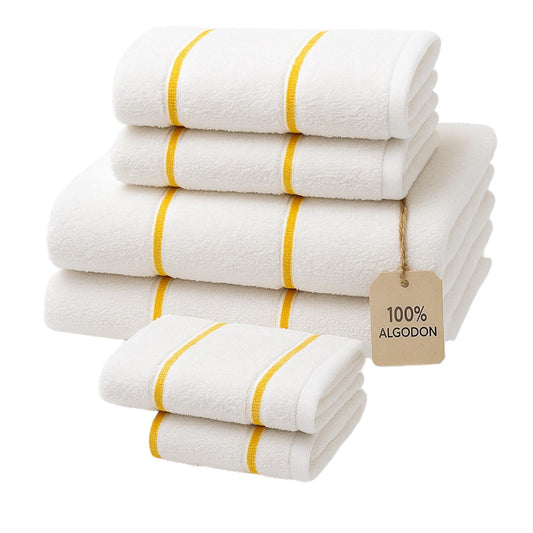 Juego de Toallas 6 Piezas  Blancas con Raya Amarilla  100% Algodón - 550 gramaje