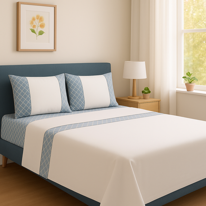 Juego de sábanas blanca con dibujo geométrico / Camas de 180 / Disponible en ROSA, AZUL, VERDE y GRIS