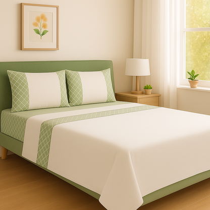 Juego de sábanas blanca con dibujo geométrico / Camas de 180 / Disponible en ROSA, AZUL, VERDE y GRIS