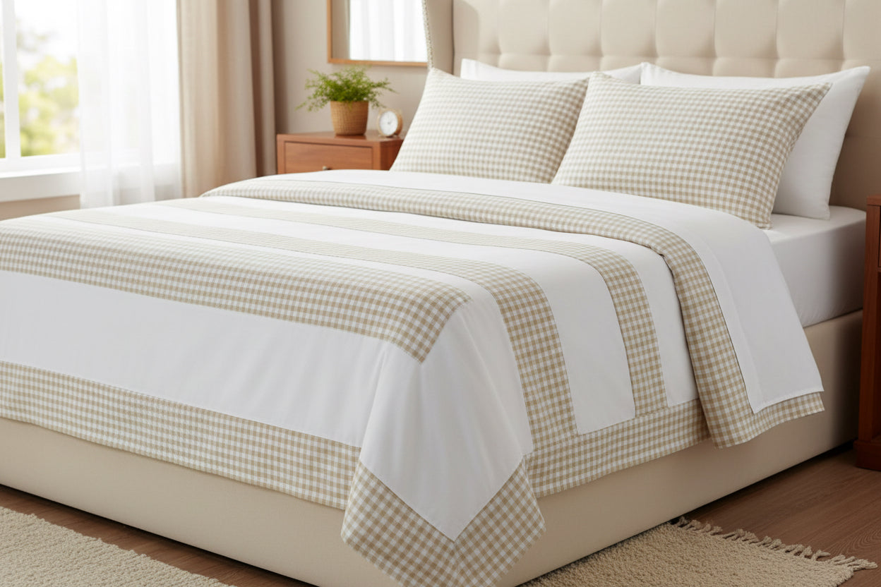 Juego de Sábanas Vichy  Cuadritos color: Verde Agua / Gris / Beige/rosa/Amarillo Lorena Hogar  De 90 a 150 cm