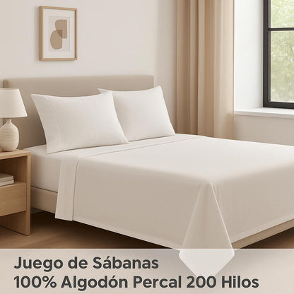 Juego de Sábanas 100% Algodón Percal 200 Hilos  3 Piezas  Lorena Hogar