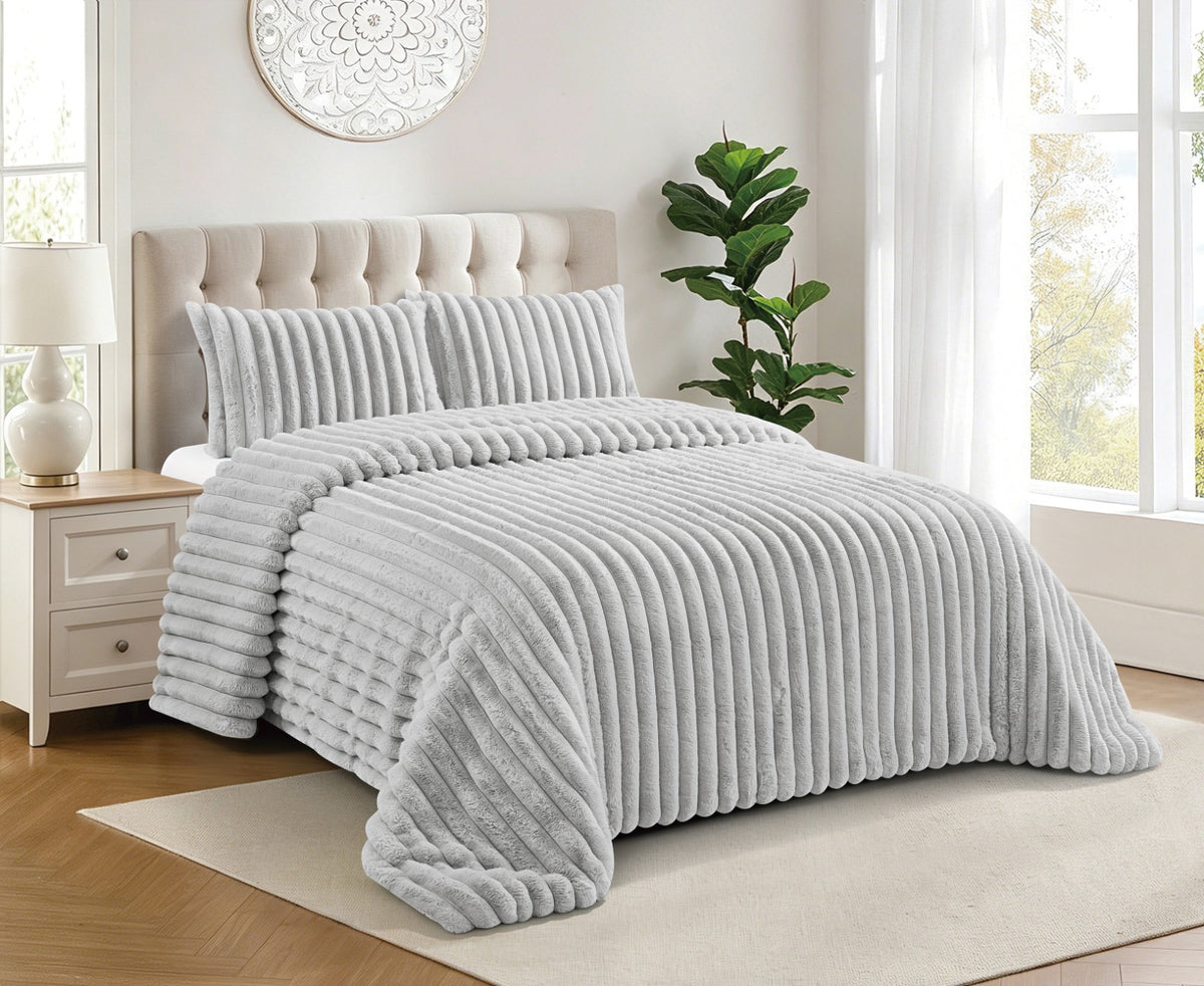 Piumino invernale reversibile Sherpa con pelo e pile setoso per letto 150 - Modelli a righe o a palla e boreale - Include 2 cuscini 50x70 cm - Ultra morbido, 4 colori: beige, grigio chiaro, grigio scuro, rosa