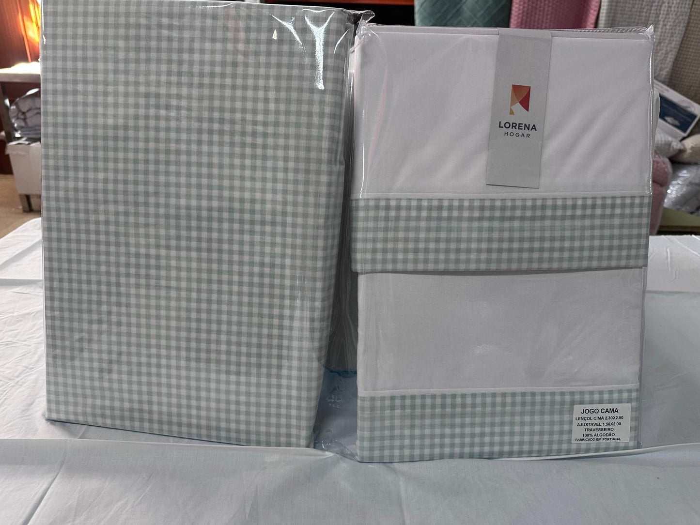 Juego de Sábanas Vichy  Cuadros Verde Agua / Gris / Beige  Lorena Hogar  De 90 a 150 cm