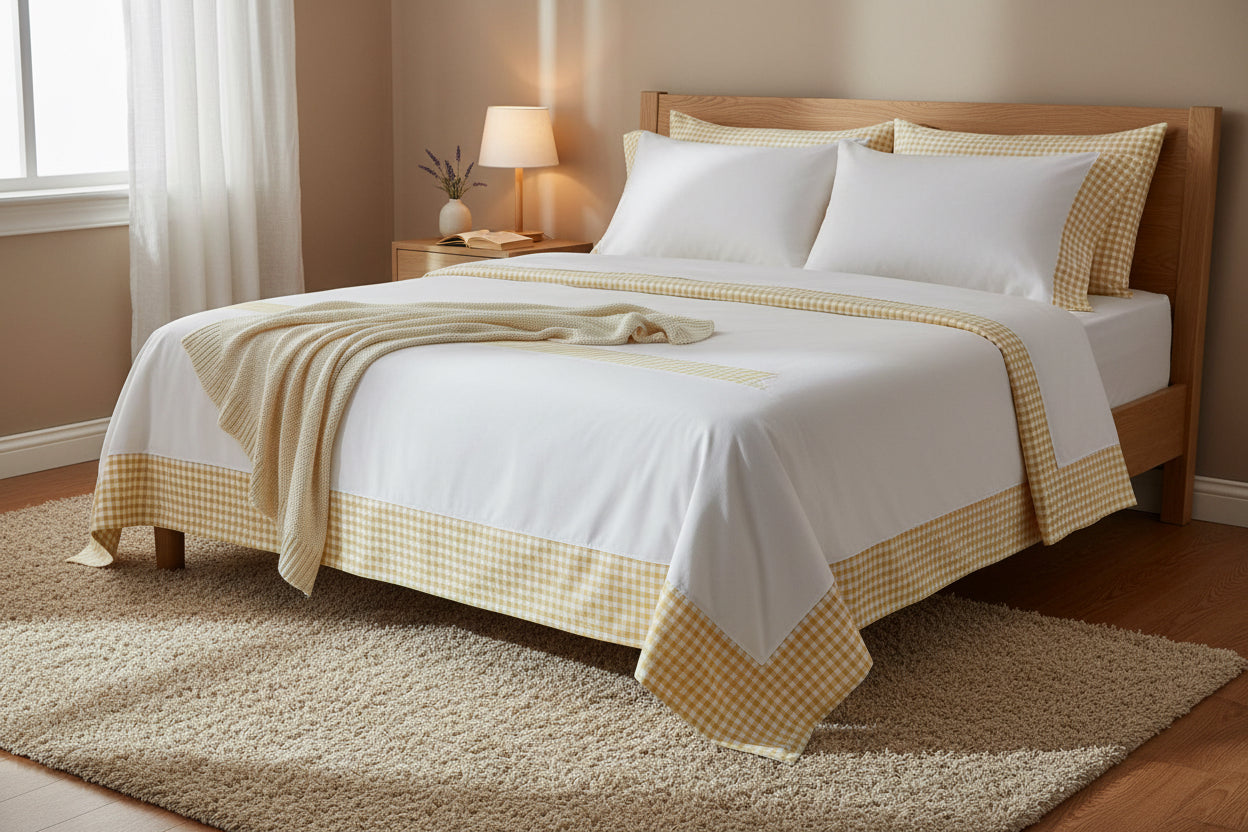 Juego de Sábanas Vichy  Cuadritos color: Verde Agua / Gris / Beige/rosa/Amarillo Lorena Hogar  De 90 a 150 cm