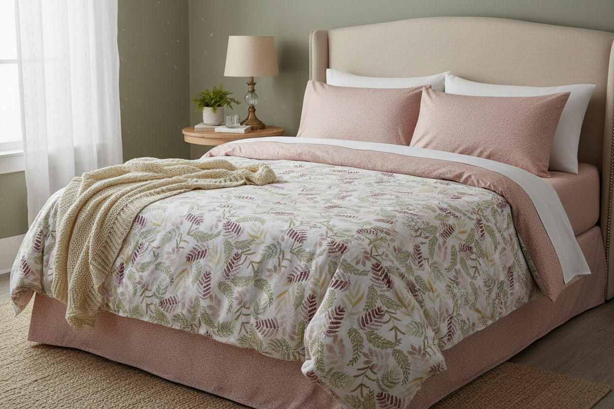 Juego de Sábanas Florales  Rosa / Azul / Gris/Verde  Lorena Hogar