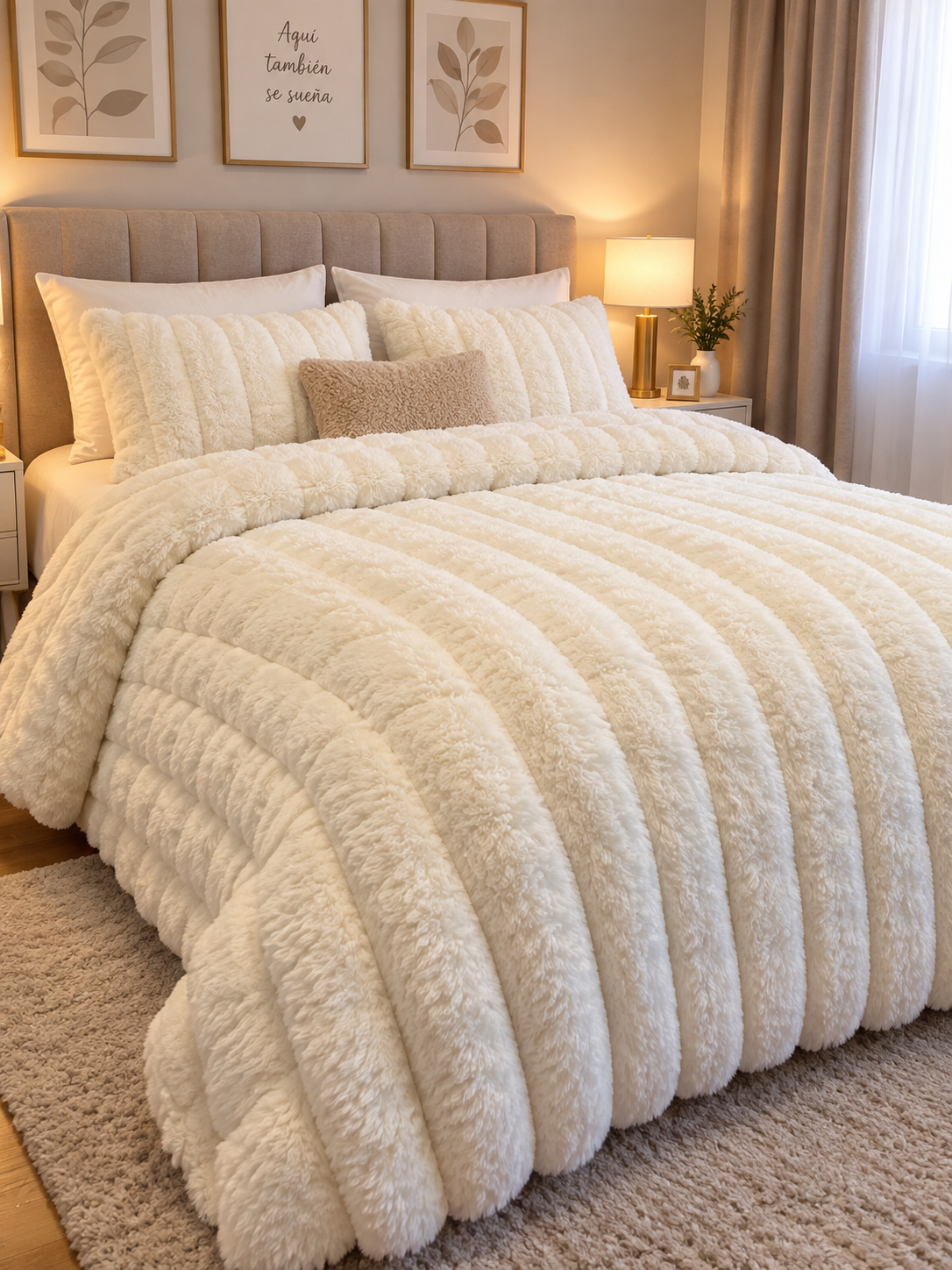 Piumino invernale reversibile Sherpa con pelo e pile setoso per letto 150 - Modelli a righe o a palla e boreale - Include 2 cuscini 50x70 cm - Ultra morbido, 4 colori: beige, grigio chiaro, grigio scuro, rosa