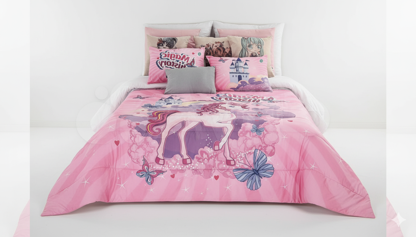Edredón Infantil Unicornio Rosa con Funda de Almohada – Medida 90/105