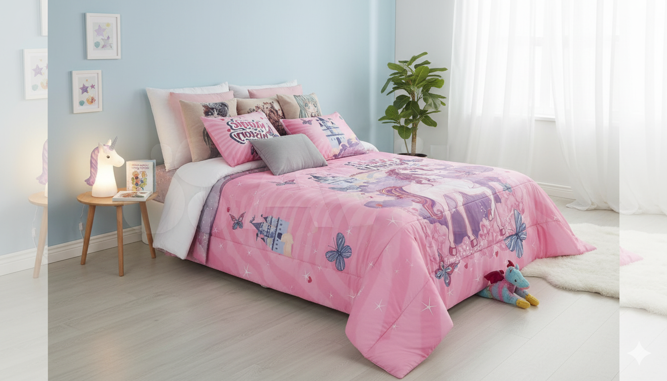 Edredón Infantil Unicornio Rosa con Funda de Almohada – Medida 90/105