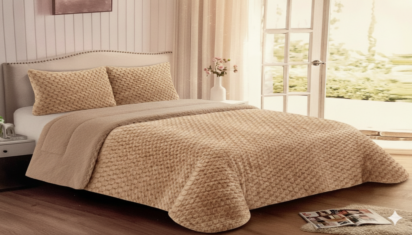 Edredón Sherpa GRAYE - pelo de Rabbit con interior de Borreguito - Cama 150/135 – 250×270 cm - 180 - 750g Súper Suave - Con 2 Fundas de Cojín de 50x70 - Color Gris - Beige