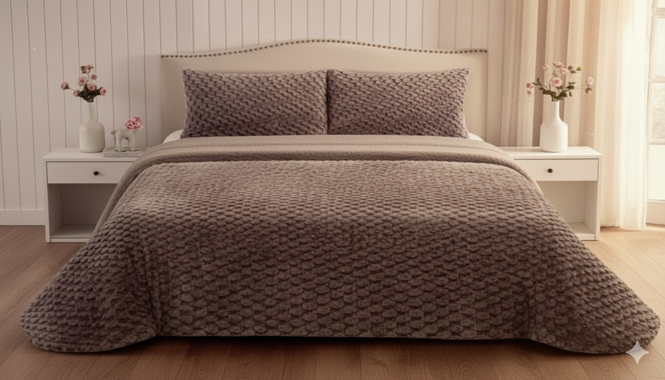 Edredón Sherpa GRAYE - pelo de Rabbit con interior de Borreguito - Cama 150/135 – 250×270 cm - 180 - 750g Súper Suave - Con 2 Fundas de Cojín de 50x70 - Color Gris - Beige