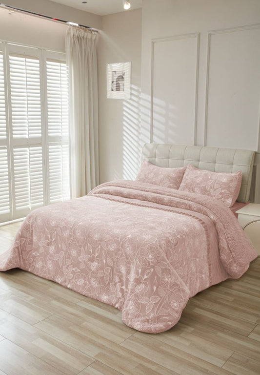 Edredón Sherpa LOIRI con Borreguito y Relieve Floral | 750g Ultra Suave | Incluye Fundas de Cojín | Colores Gris y Rosa | Varias Medidas