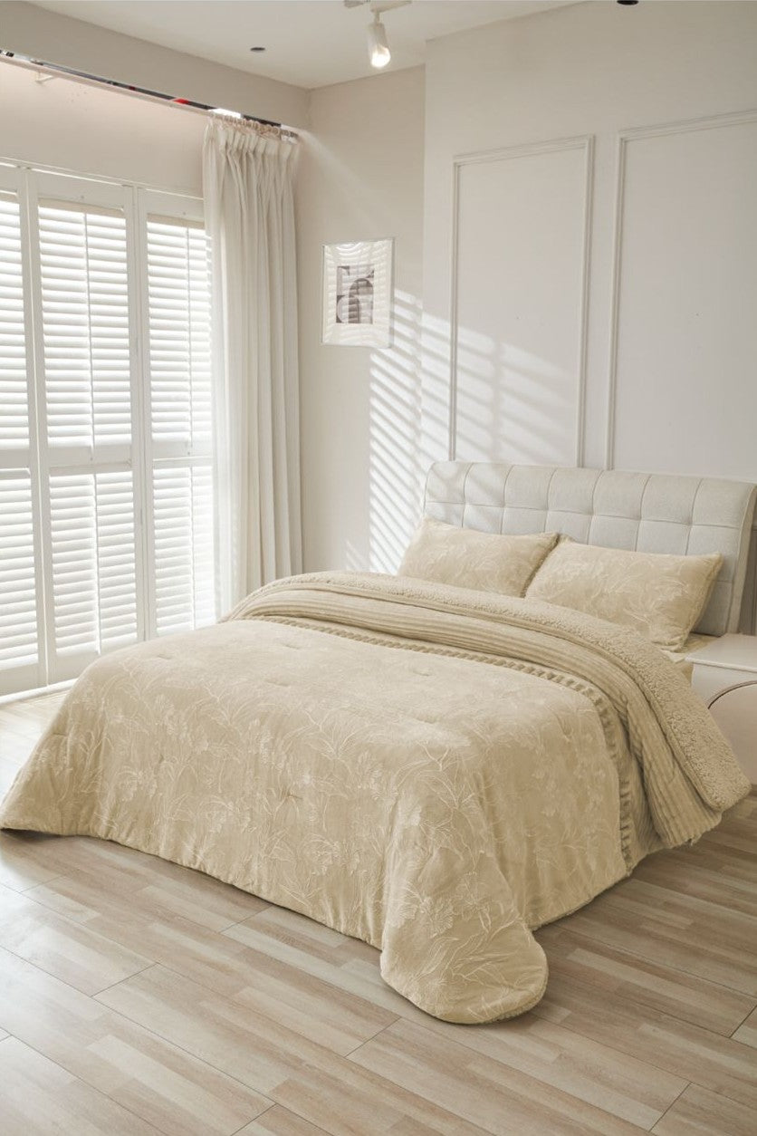 Edredón Sherpa OLBIA con Borreguito y Relieve | 750g Ultra Suave | Incluye Fundas de Cojín | Colores Gris y Beige | Varias Medidas de Cama