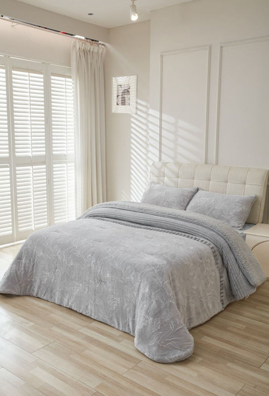 Edredón Sherpa OLBIA con Borreguito y Relieve | 750g Ultra Suave | Incluye Fundas de Cojín | Colores Gris y Beige | Varias Medidas de Cama