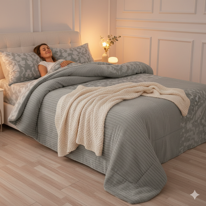 Edredón BOSA Sherpa con Borreguito Sedalina | Cama 180 – 280×270 cm | 750g Súper Suave | Con 2 Fundas de Cojín | Color Gris