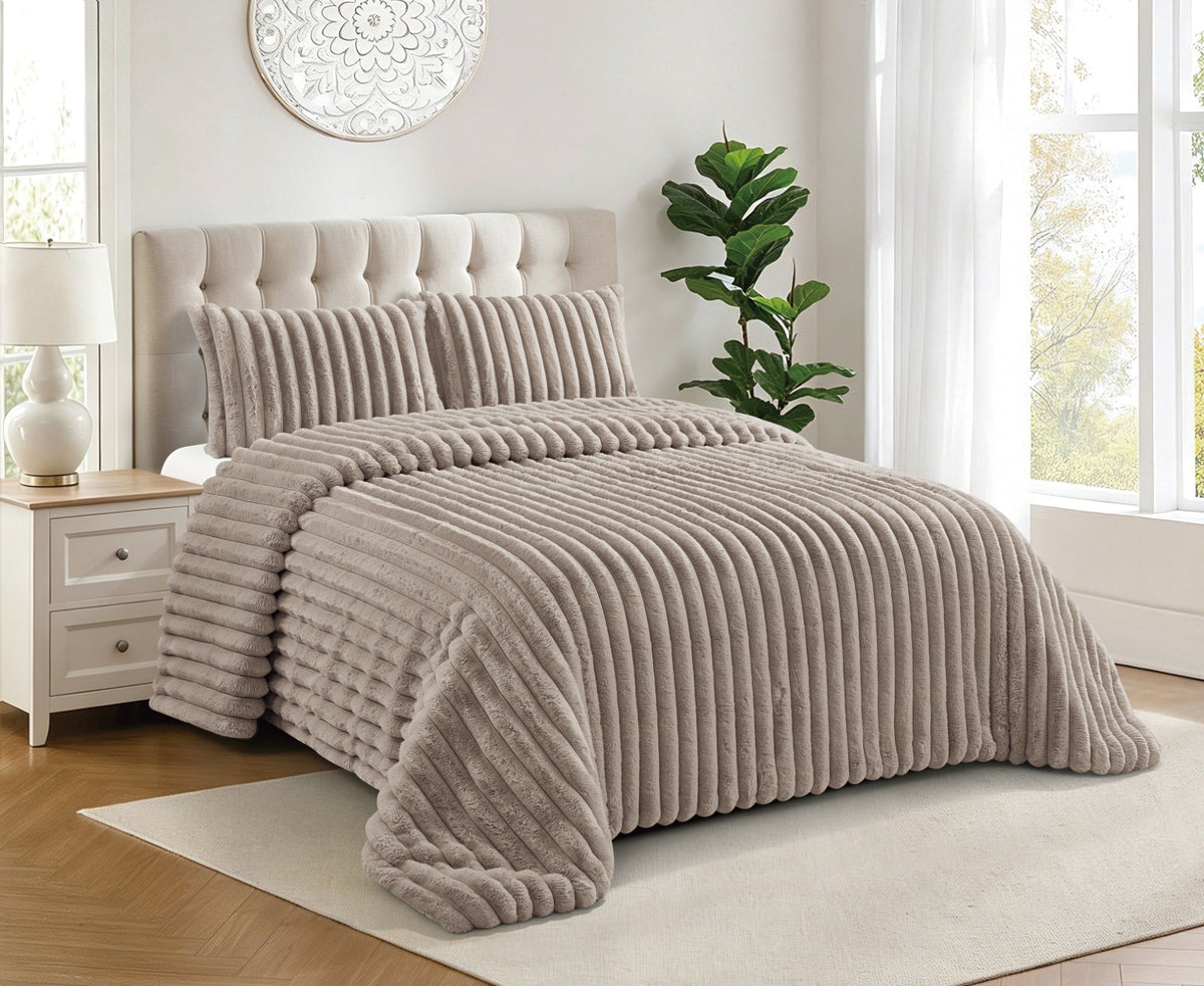 Piumino invernale reversibile Sherpa con pelo e pile setoso per letto 150 - Modelli a righe o a palla e boreale - Include 2 cuscini 50x70 cm - Ultra morbido, 4 colori: beige, grigio chiaro, grigio scuro, rosa