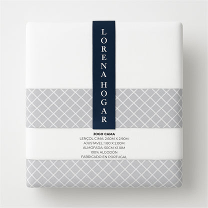 Juego de sábanas blanca con dibujo geométrico / Camas de 180 / Disponible en ROSA, AZUL, VERDE y GRIS